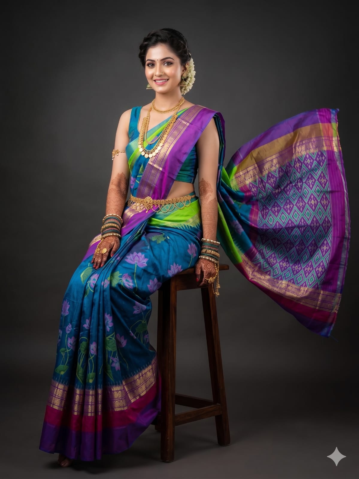 Ikkat Pochampally Handloom Pure Silk Digital Floral Printed Saree With Pallu & Designer Ikkat Blouse | Silk Mark Certified | DS211