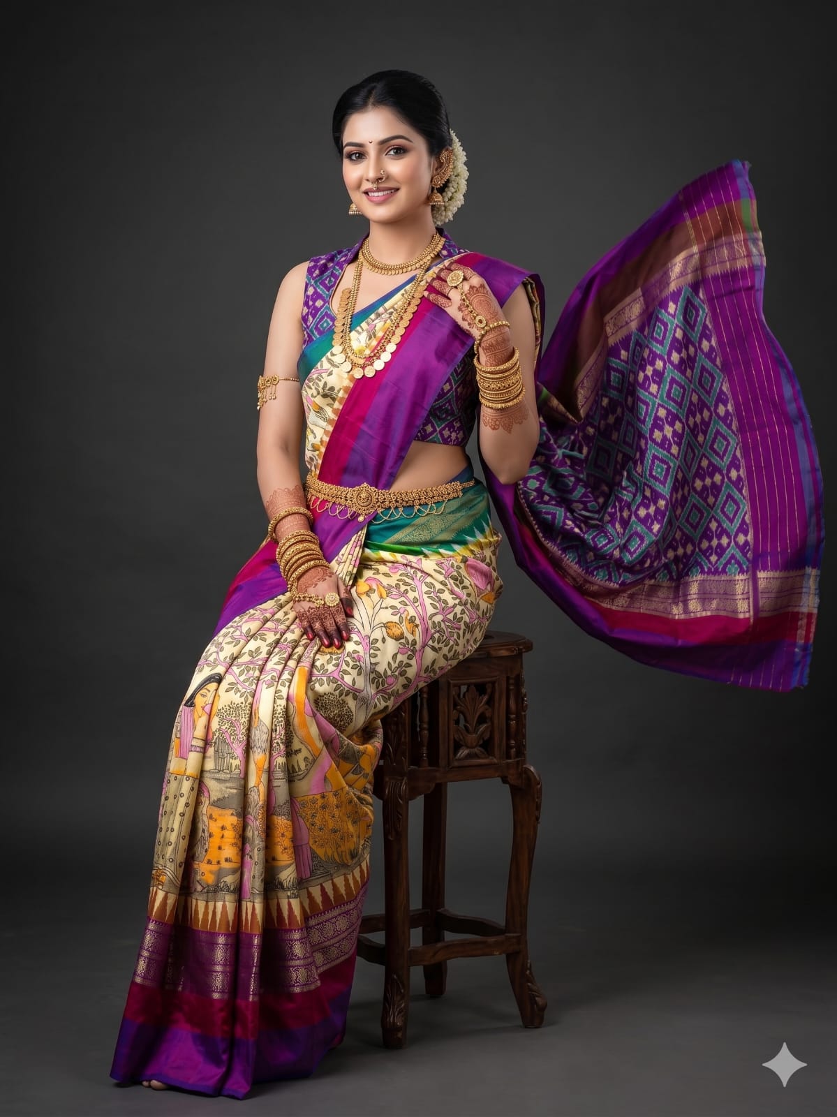 Ikkat Pochampally Handloom Pure Silk Digital Floral Printed Saree With Pallu & Designer Ikkat Blouse | Silk Mark Certified | DS189