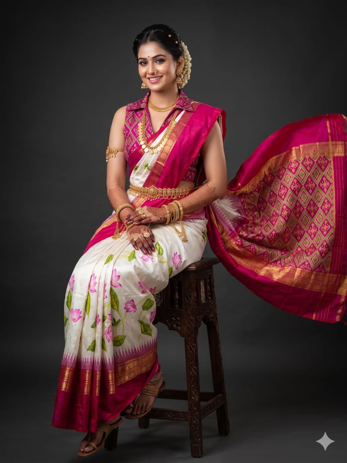 Ikkat Pochampally Handloom Pure Silk Digital Floral Printed Saree With Pallu & Designer Ikkat Blouse | Silk Mark Certified | DS209