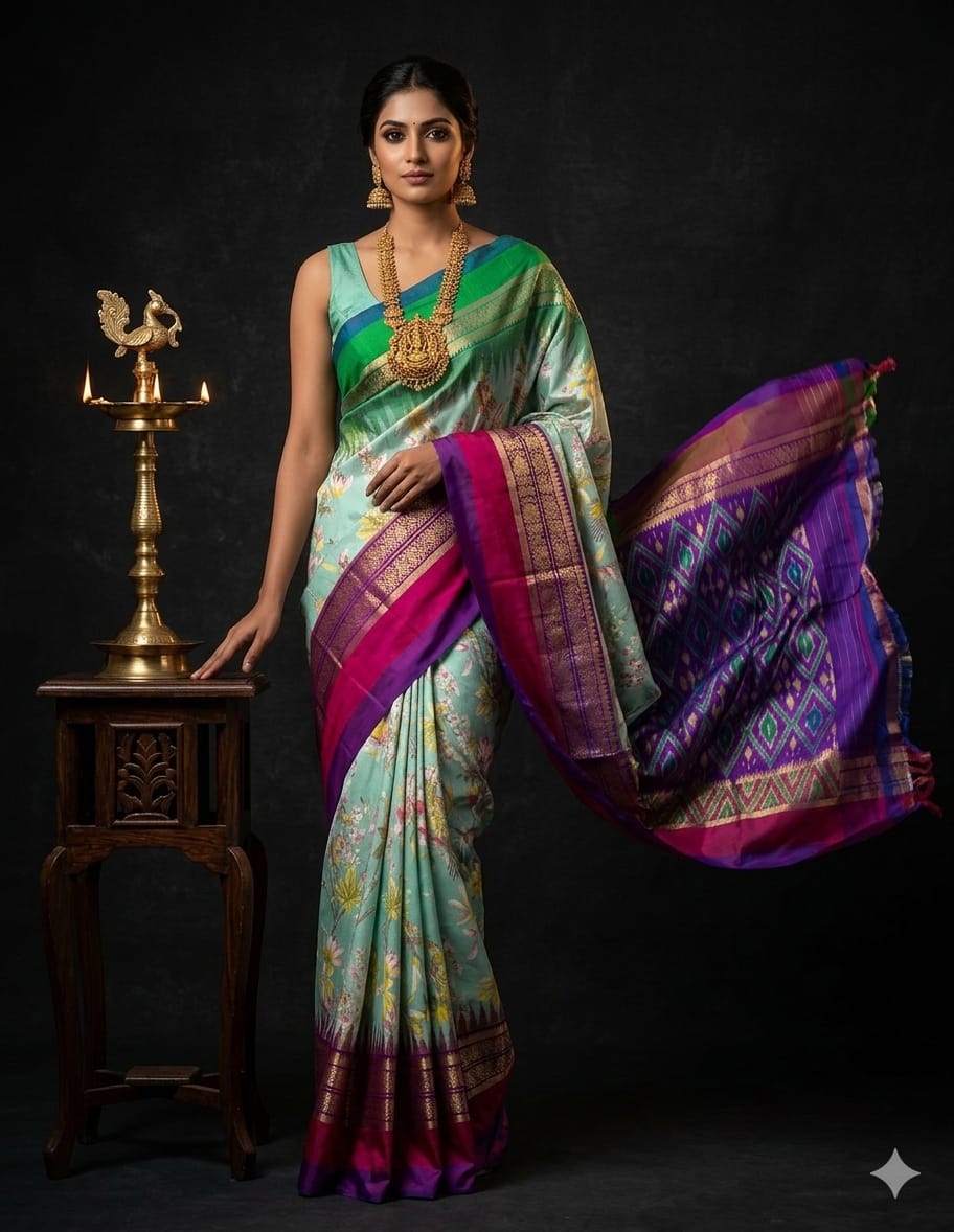 Ikkat Pochampally Handloom Pure Silk Digital Floral Printed Saree With Pallu & Designer Ikkat Blouse | Silk Mark Certified | DS217