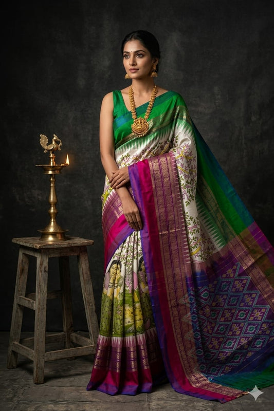 Ikkat Pochampally Handloom Pure Silk Digital Floral Printed Saree With Pallu & Designer Ikkat Blouse | Silk Mark Certified | DS207