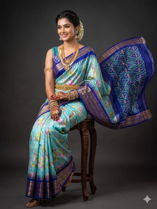 Ikkat Pochampally Handloom Pure Silk Digital Floral Printed Saree With Pallu & Designer Ikkat Blouse | Silk Mark Certified | DS201