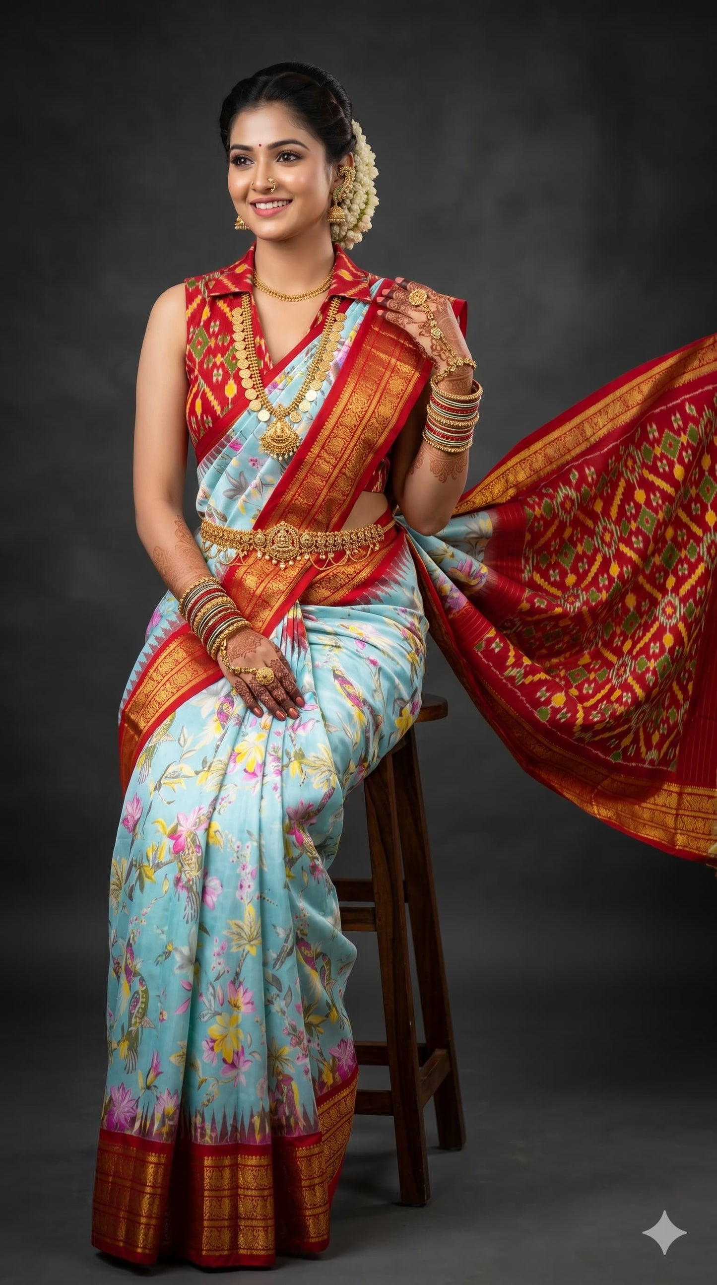 Ikkat Pochampally Handloom Pure Silk Digital Floral Printed Saree With Pallu & Designer Ikkat Blouse | Silk Mark Certified | DS174