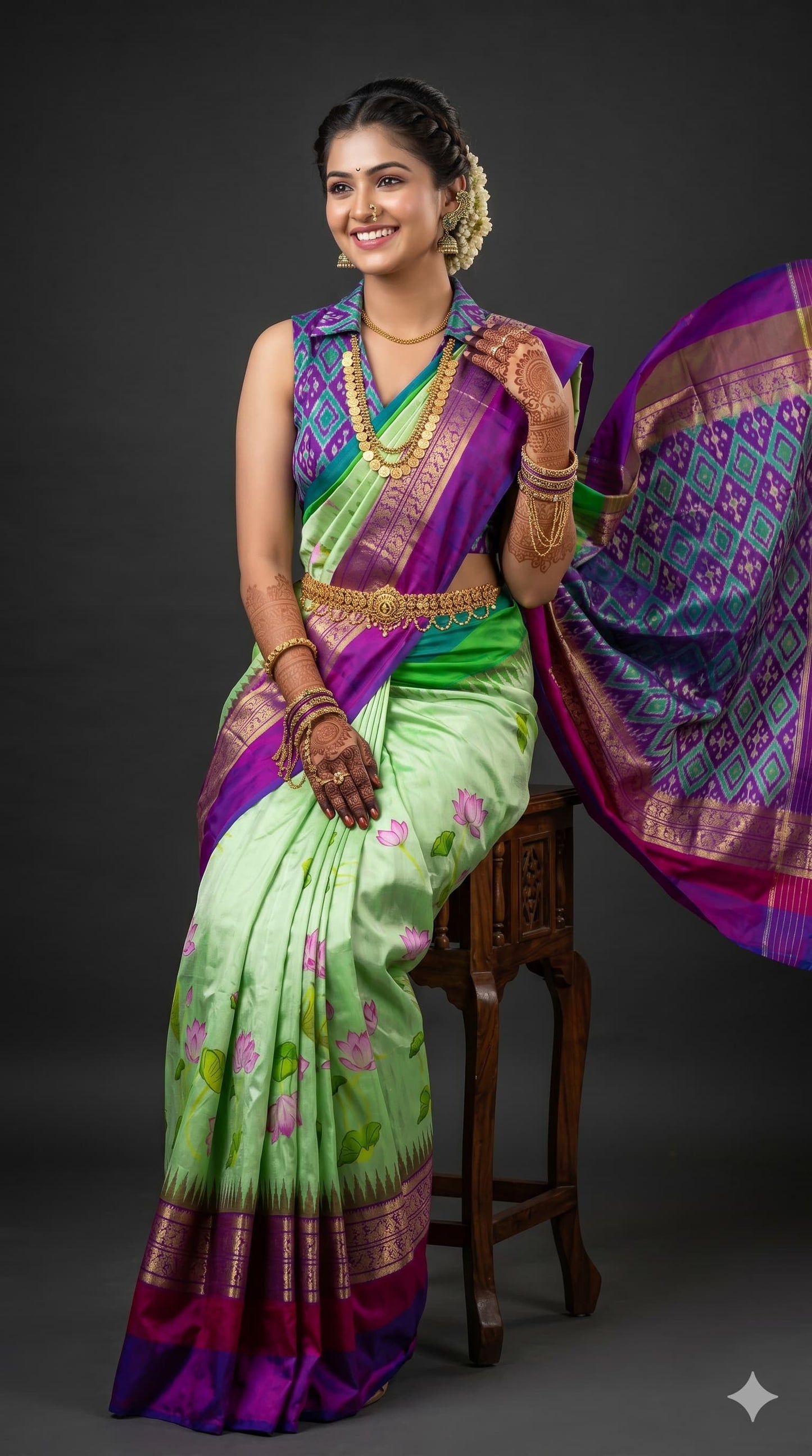 Ikkat Pochampally Handloom Pure Silk Digital Floral Printed Saree With Pallu & Designer Ikkat Blouse | Silk Mark Certified | DS180