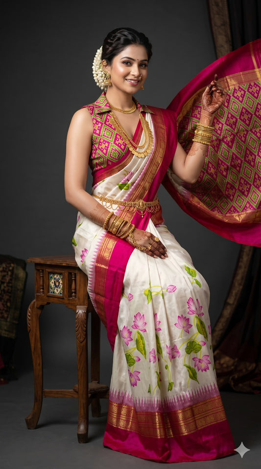 Ikkat Pochampally Handloom Pure Silk Digital Floral Printed Saree With Pallu & Designer Ikkat Blouse | Silk Mark Certified | DS179