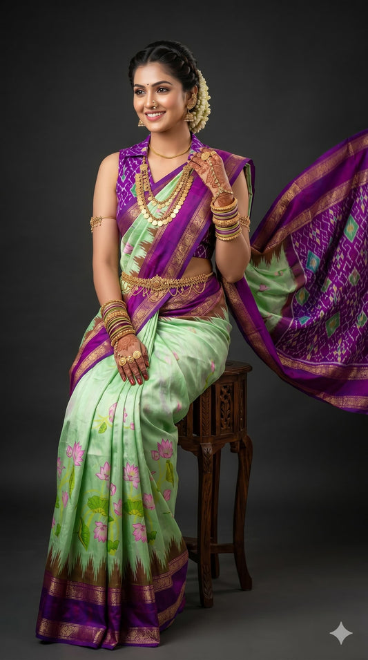 Ikkat Pochampally Handloom Pure Silk Digital Floral Printed Saree With Pallu & Designer Ikkat Blouse | Silk Mark Certified | DS172