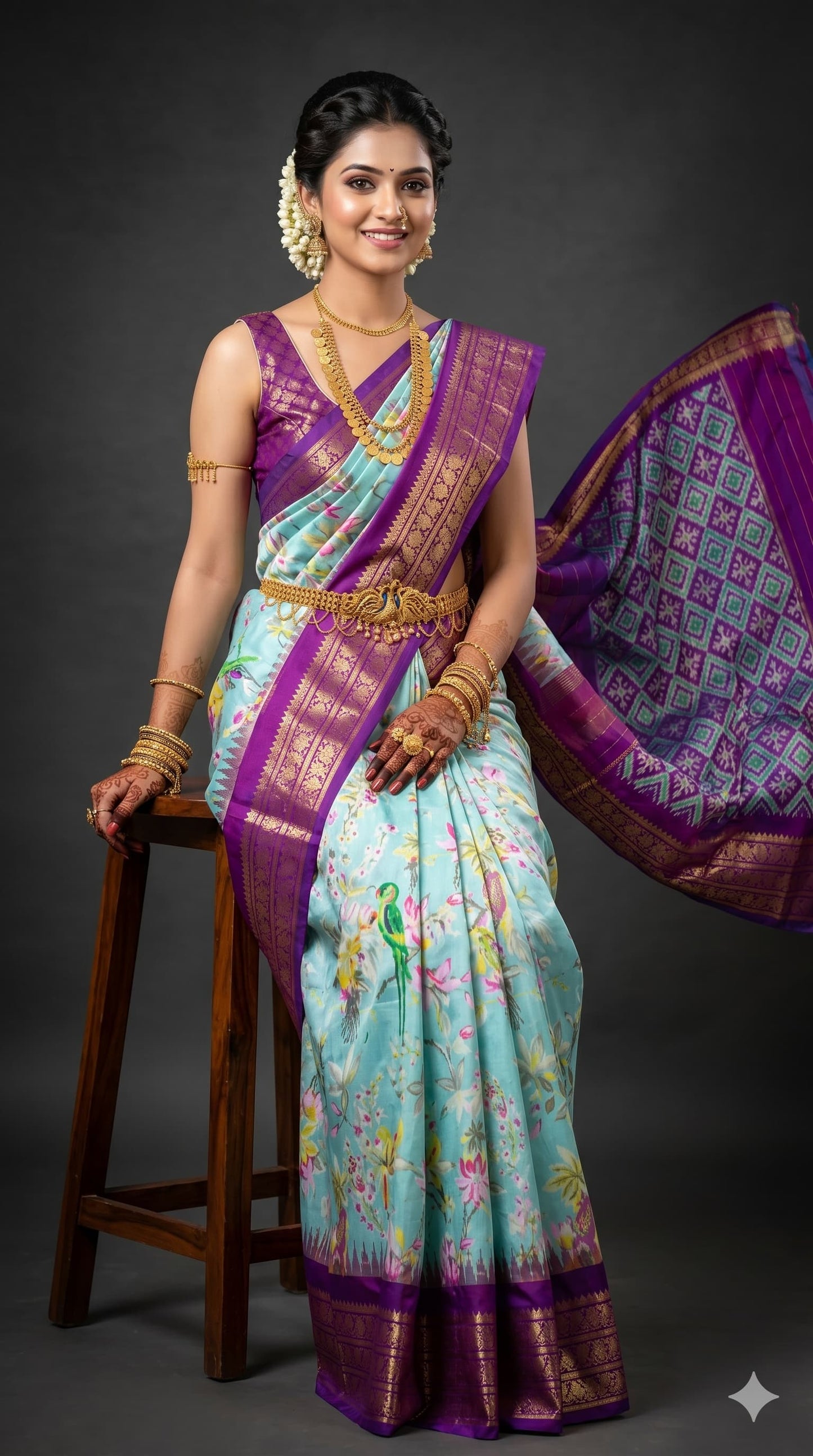 Ikkat Pochampally Handloom Pure Silk Digital Floral Printed Saree With Pallu & Designer Ikkat Blouse | Silk Mark Certified | DS170