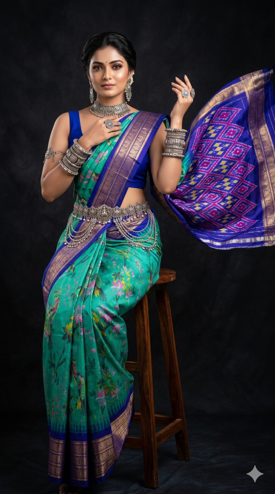 Ikkat Pochampally Handloom Pure Silk Digital Floral Printed Saree With Pallu & Designer Ikkat Blouse | Silk Mark Certified | DS164