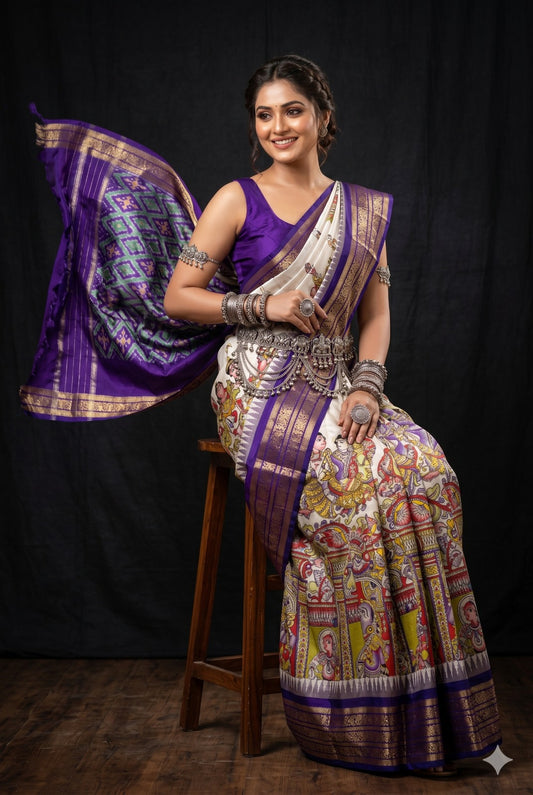 Ikkat Pochampally Handloom Pure Silk Digital Floral Printed Saree With Pallu & Designer Ikkat Blouse | Silk Mark Certified | DS152