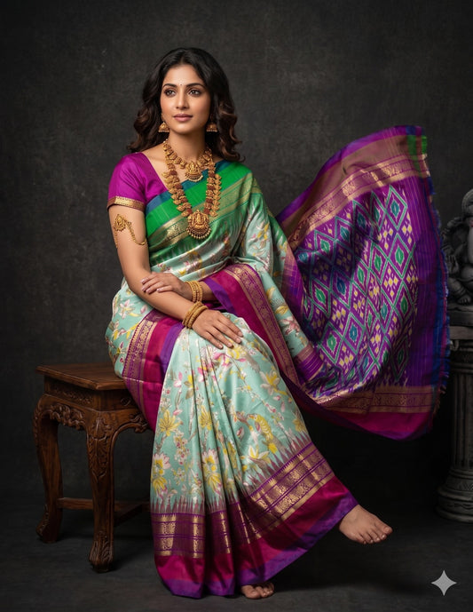 Ikkat Pochampally Handloom Pure Silk Digital Floral Printed Saree With Pallu & Designer Ikkat Blouse | Silk Mark Certified | DS154