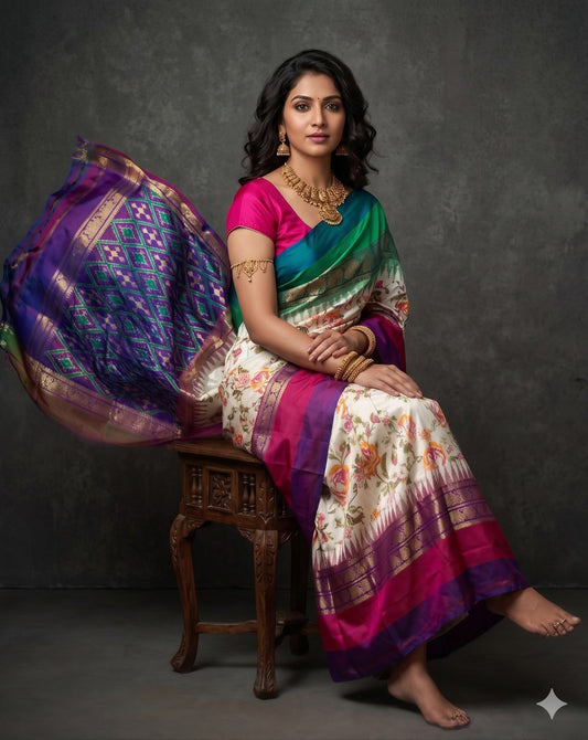 Ikkat Pochampally Handloom Pure Silk Digital Floral Printed Saree With Pallu & Designer Ikkat Blouse | Silk Mark Certified | DS156