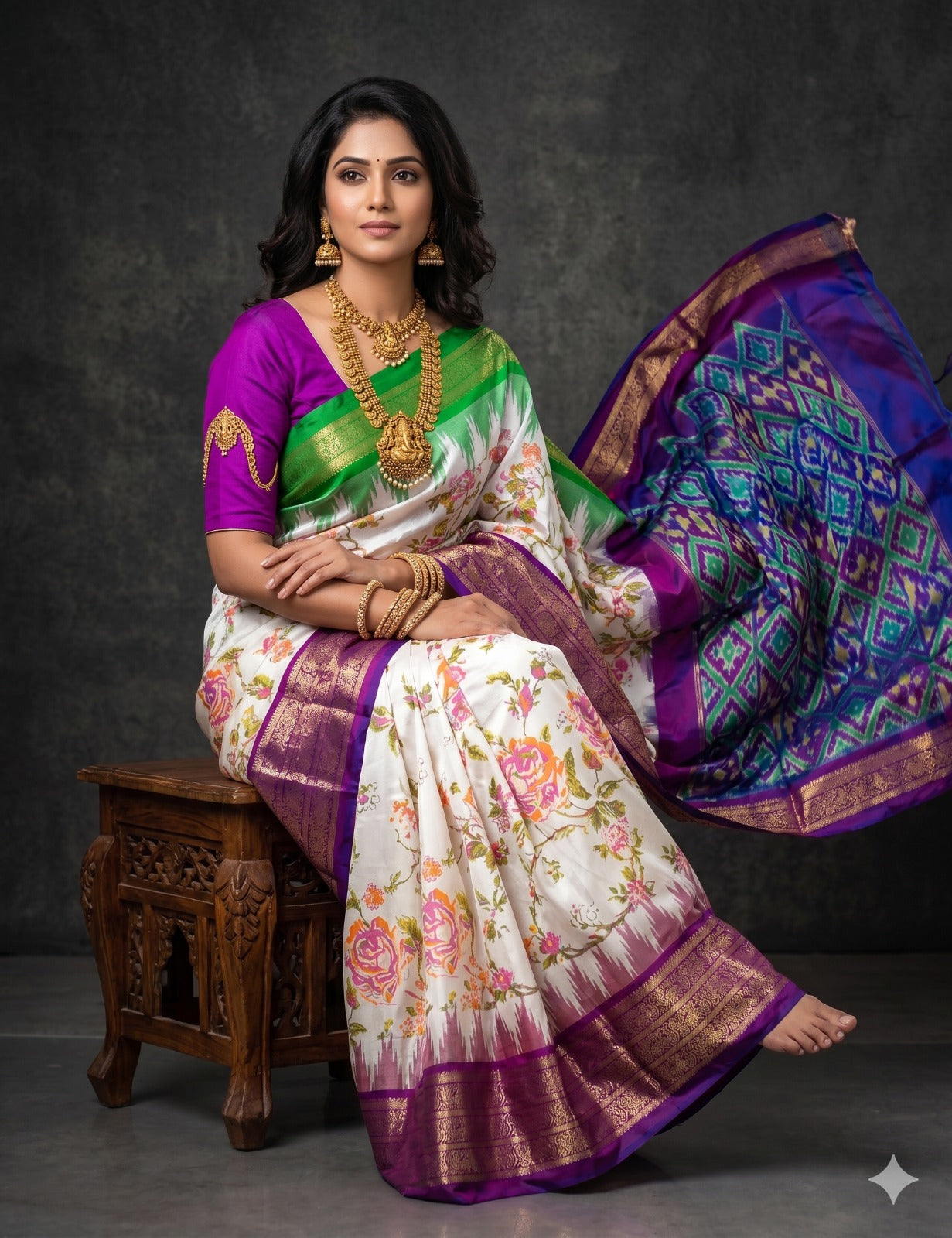 Ikkat Pochampally Handloom Pure Silk Digital Floral Printed Saree With Pallu & Designer Ikkat Blouse | Silk Mark Certified | DS139