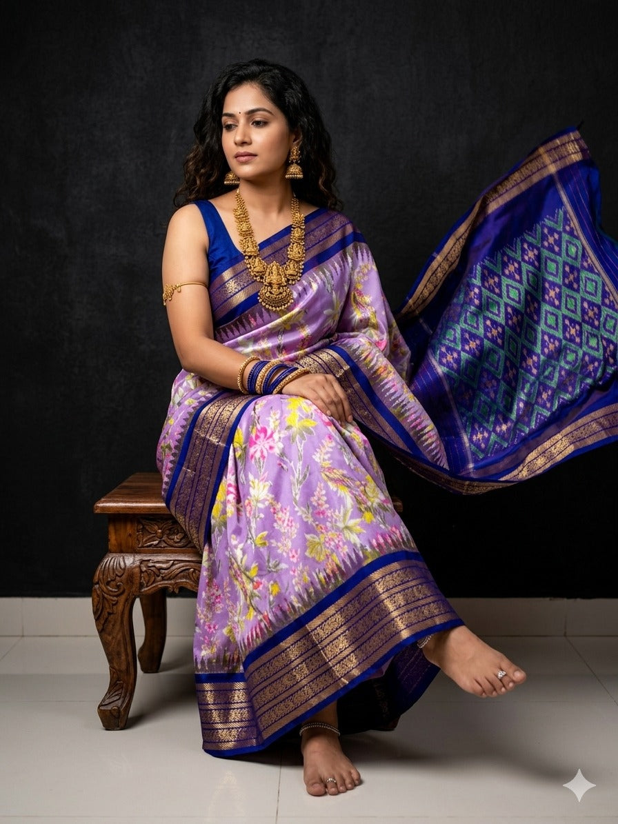 Ikkat Pochampally Handloom Pure Silk Digital Floral Printed Saree With Pallu & Designer Ikkat Blouse | Silk Mark Certified | DS176
