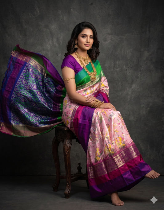 Ikkat Pochampally Handloom Pure Silk Digital Floral Printed Saree With Pallu & Designer Ikkat Blouse | Silk Mark Certified | DS157
