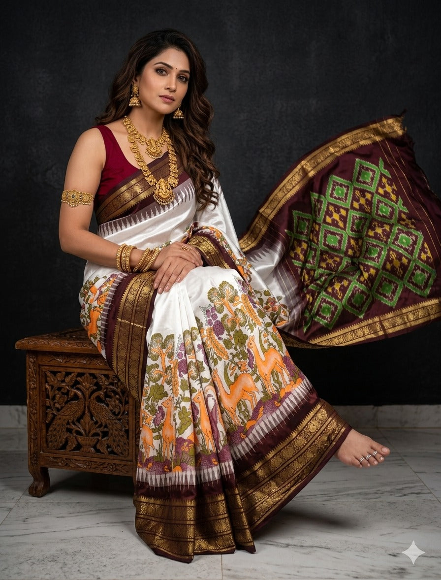 Ikkat Pochampally Handloom Pure Silk Digital Floral Printed Saree With Pallu & Designer Ikkat Blouse | Silk Mark Certified | DS167