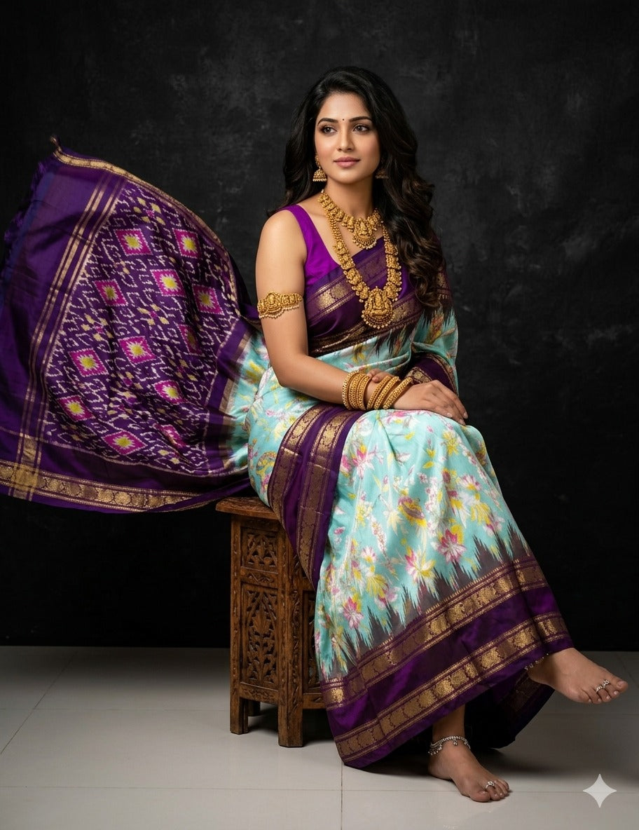 Ikkat Pochampally Handloom Pure Silk Digital Floral Printed Saree With Pallu & Designer Ikkat Blouse | Silk Mark Certified | DS160