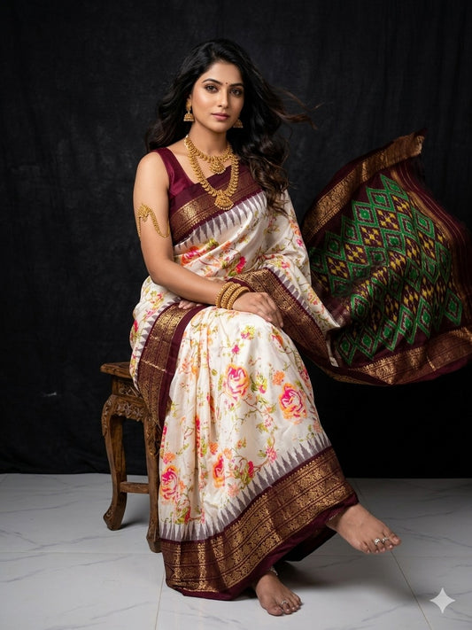 Ikkat Pochampally Handloom Pure Silk Digital Floral Printed Saree With Pallu & Designer Ikkat Blouse | Silk Mark Certified | DS168