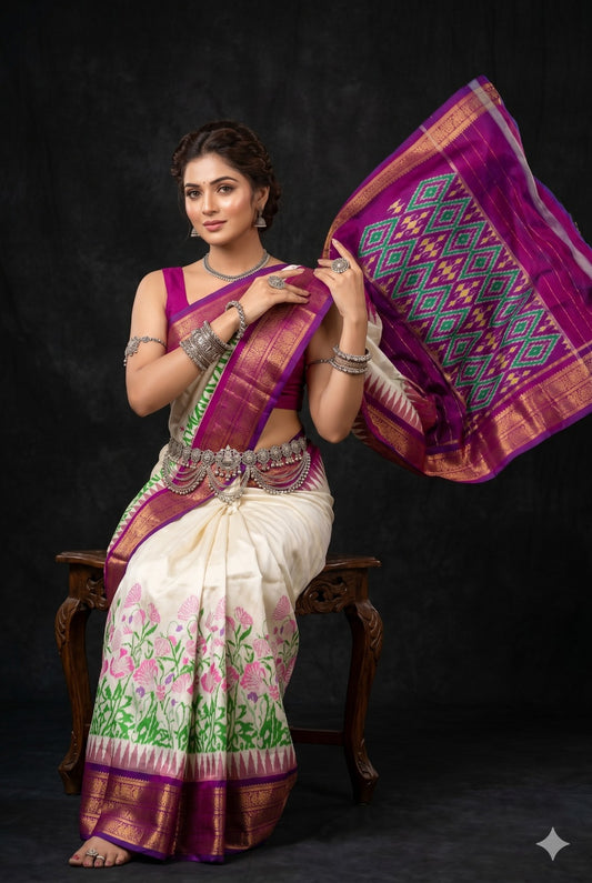 Ikkat Pochampally Handloom Pure Silk Digital Floral Printed Saree With Pallu & Designer Ikkat Blouse | Silk Mark Certified | DS153