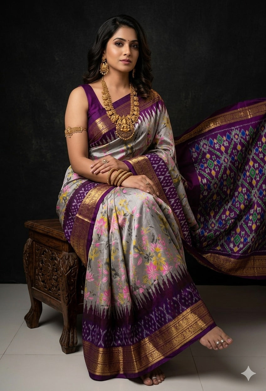 Ikkat Pochampally Handloom Pure Silk Digital Floral Printed Saree With Pallu & Designer Ikkat Blouse | Silk Mark Certified | DS159