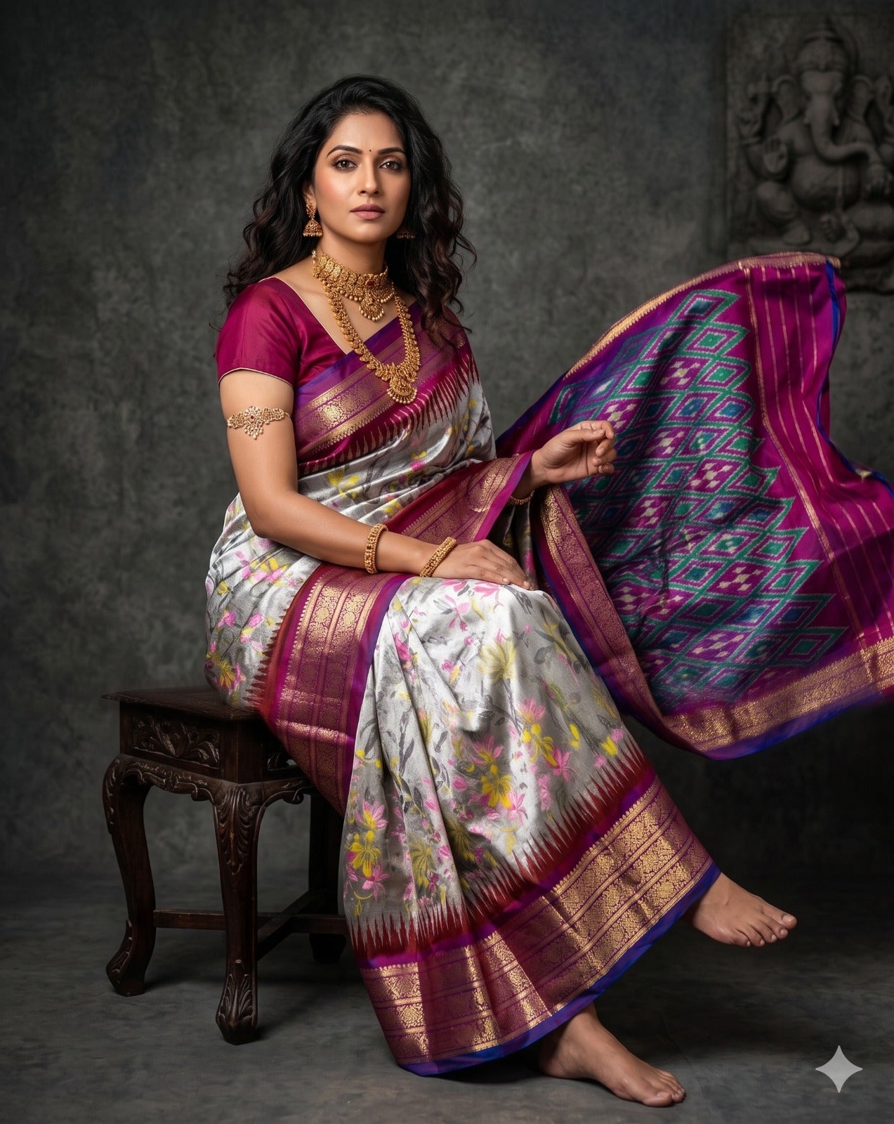 Ikkat Pochampally Handloom Pure Silk Digital Floral Printed Saree With Pallu & Designer Ikkat Blouse | Silk Mark Certified | DS142