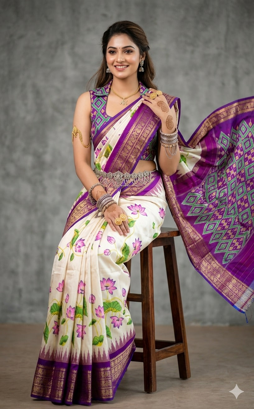 Ikkat Pochampally Handloom Pure Silk Digital Floral Printed Saree With Pallu & Designer Ikkat Blouse | Silk Mark Certified | DS166