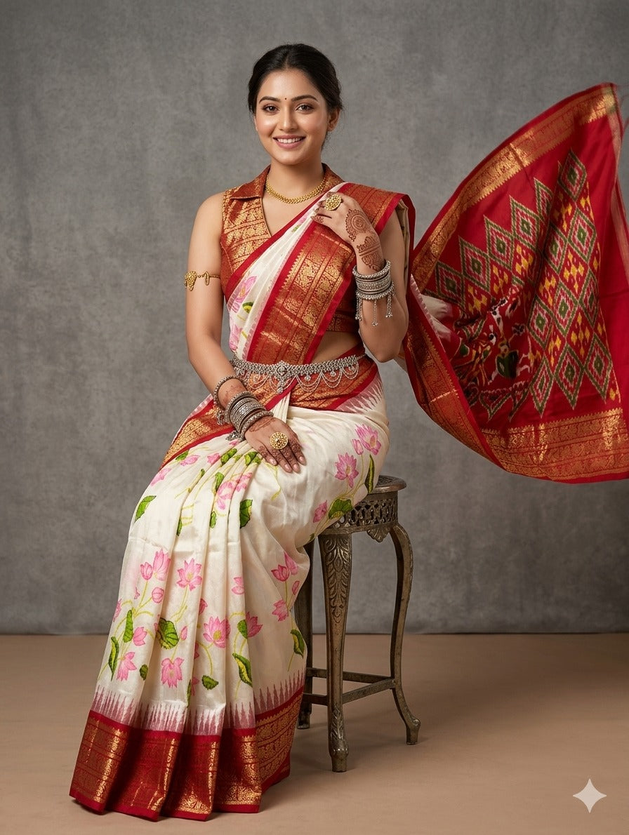 Ikkat Pochampally Handloom Pure Silk Digital Floral Printed Saree With Pallu & Designer Ikkat Blouse | Silk Mark Certified | DS147