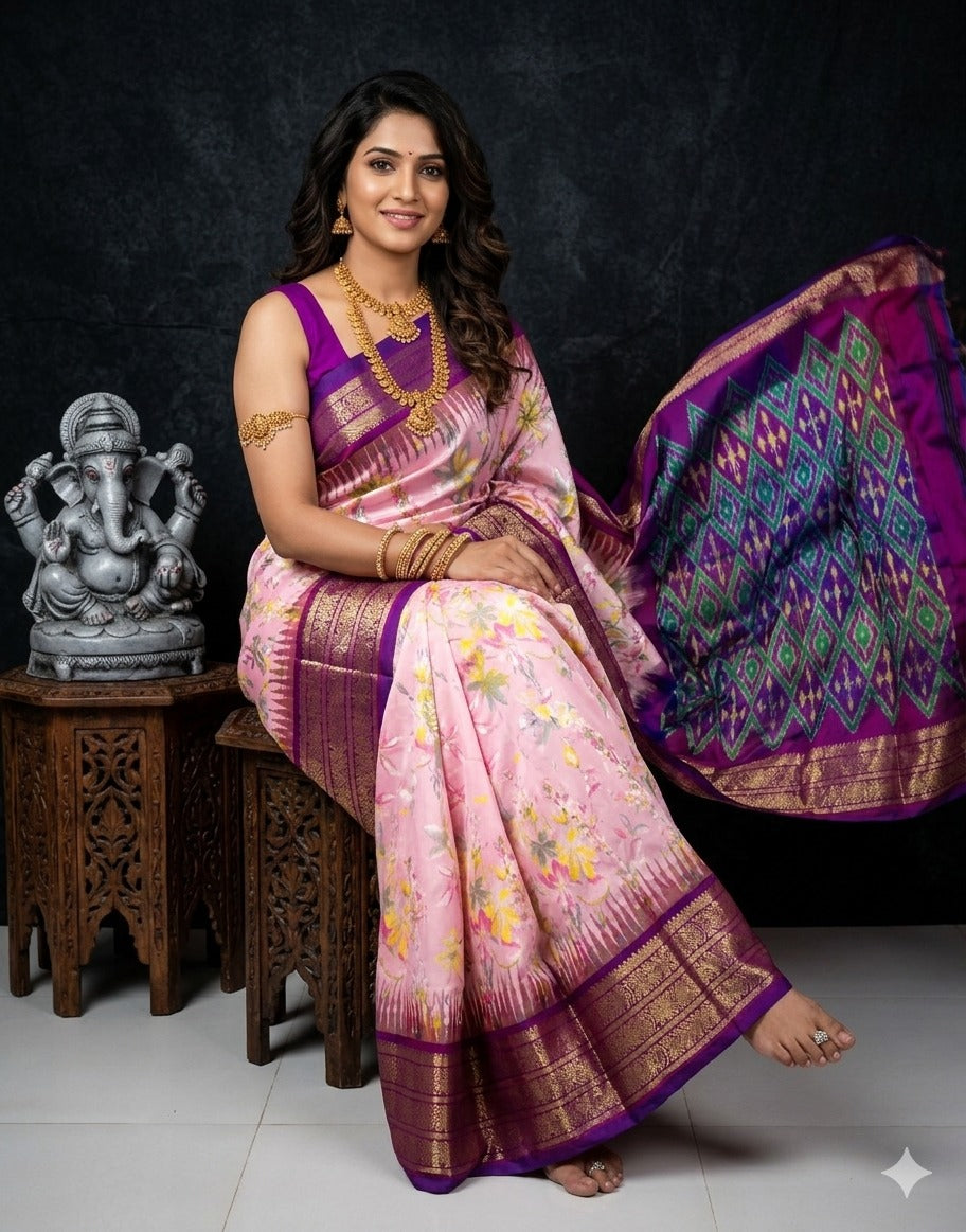 Ikkat Pochampally Handloom Pure Silk Digital Floral Printed Saree With Pallu & Designer Ikkat Blouse | Silk Mark Certified | DS144