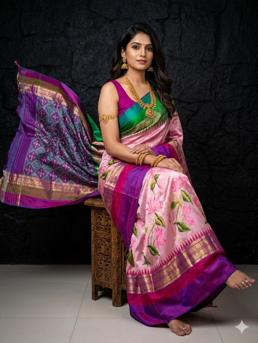 Ikkat Pochampally Handloom Pure Silk Digital Floral Printed Saree With Pallu & Designer Ikkat Blouse | Silk Mark Certified | DS145