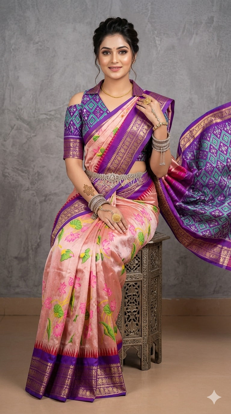 Ikkat Pochampally Handloom Pure Silk Digital Floral Printed Saree With Pallu & Designer Ikkat Blouse | Silk Mark Certified | DS143