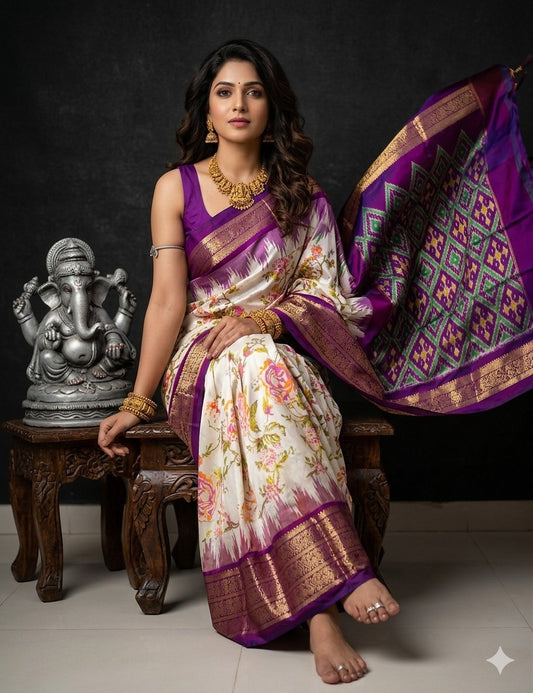 Ikkat Pochampally Handloom Pure Silk Digital Floral Printed Saree With Pallu & Designer Ikkat Blouse | Silk Mark Certified | DS148