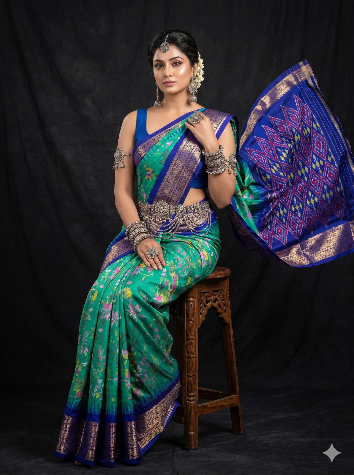 Ikkat Pochampally Handloom Pure Silk Digital Floral Printed Saree With Pallu & Designer Ikkat Blouse | Silk Mark Certified | DS131