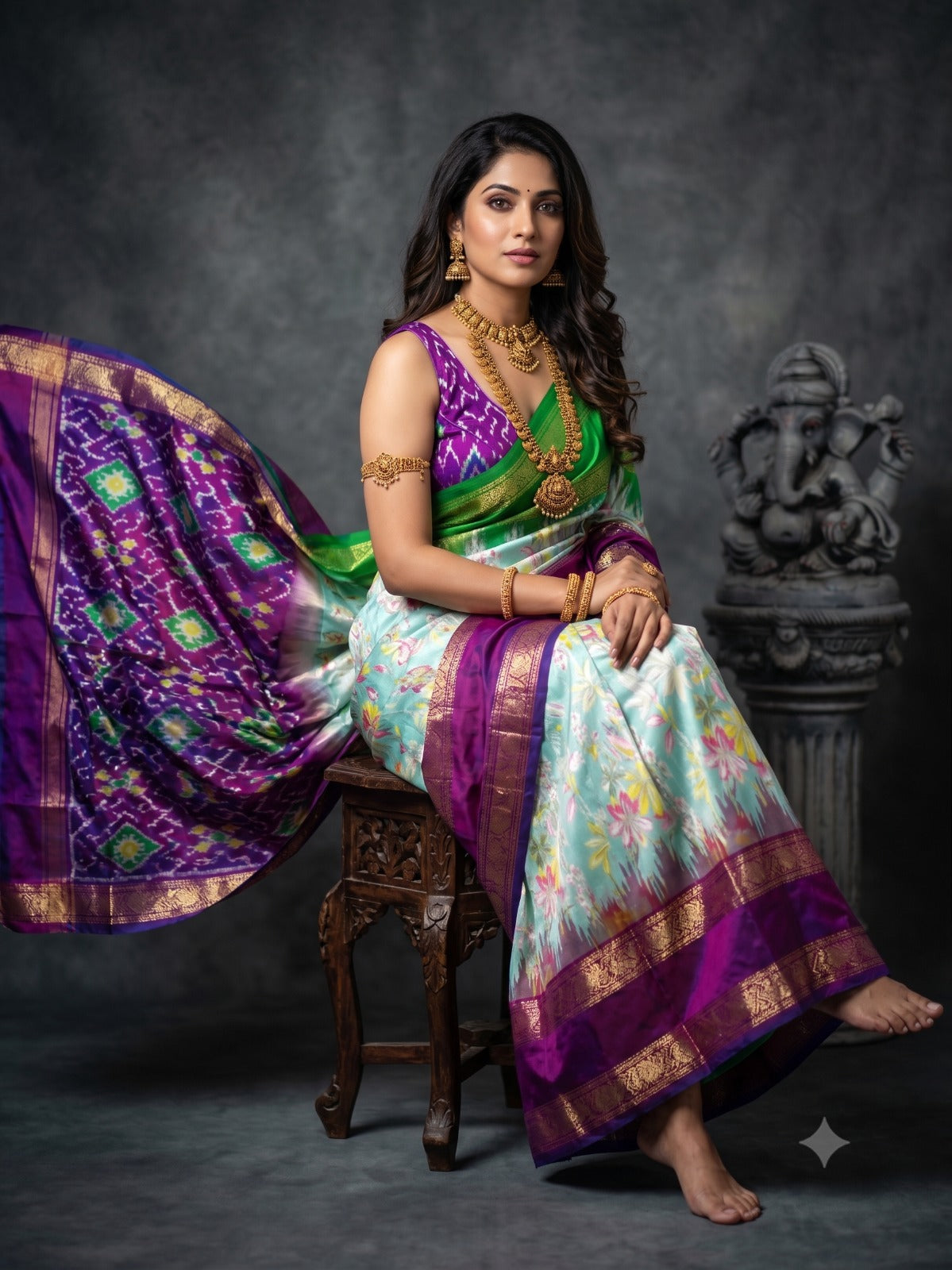 Ikkat Pochampally Handloom Pure Silk Digital Floral Printed Saree With Pallu & Designer Ikkat Blouse | Silk Mark Certified | DS135