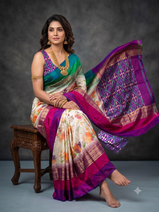 Ikkat Pochampally Handloom Pure Silk Digital Floral Printed Saree With Pallu & Designer Ikkat Blouse | Silk Mark Certified | DS136