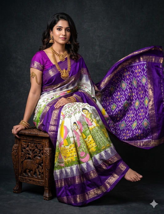 Ikkat Pochampally Handloom Pure Silk Digital Floral Printed Saree With Pallu & Designer Ikkat Blouse | Silk Mark Certified | DS123
