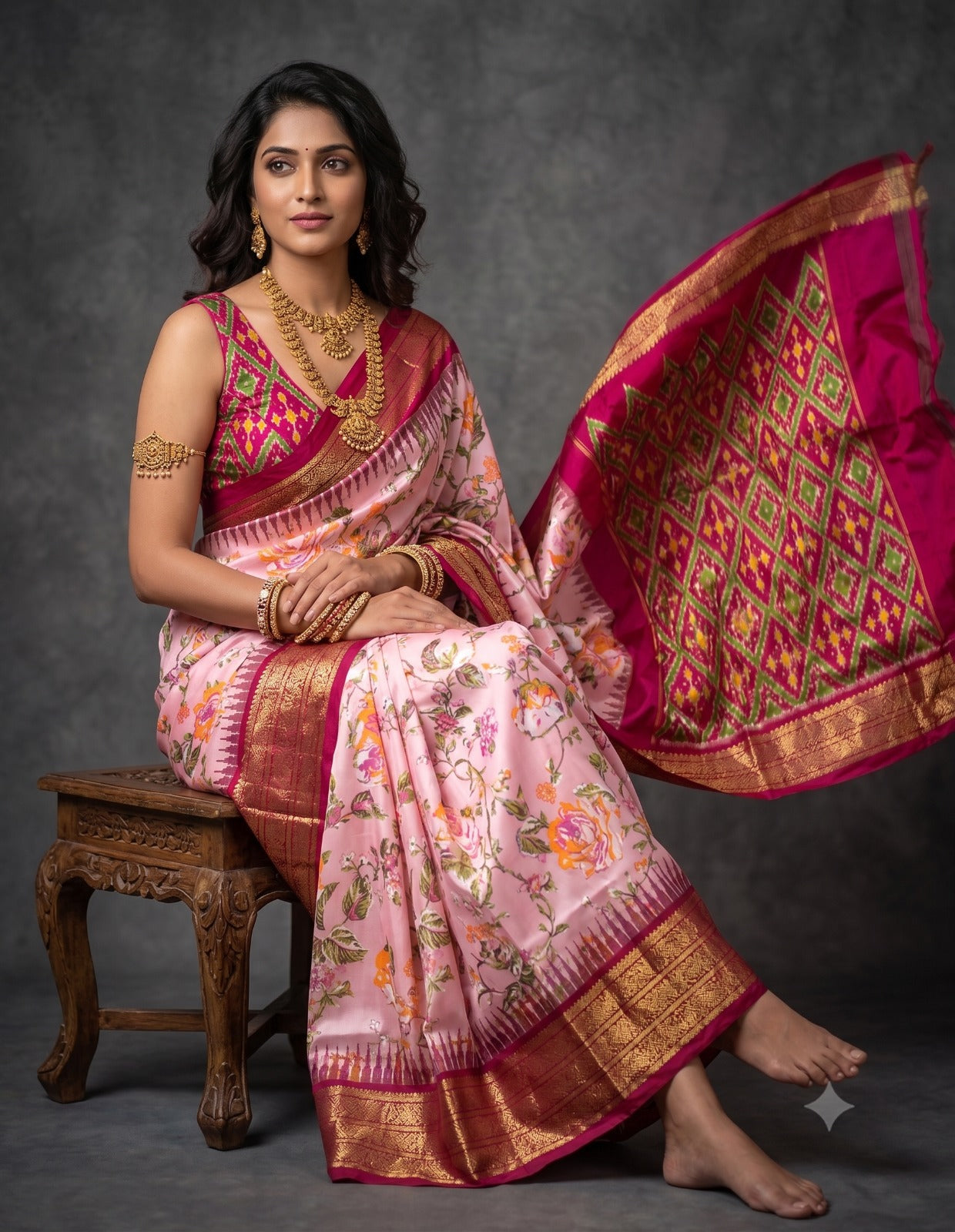 Ikkat Pochampally Handloom Pure Silk Digital Floral Printed Saree With Pallu & Designer Ikkat Blouse | Silk Mark Certified | DS124