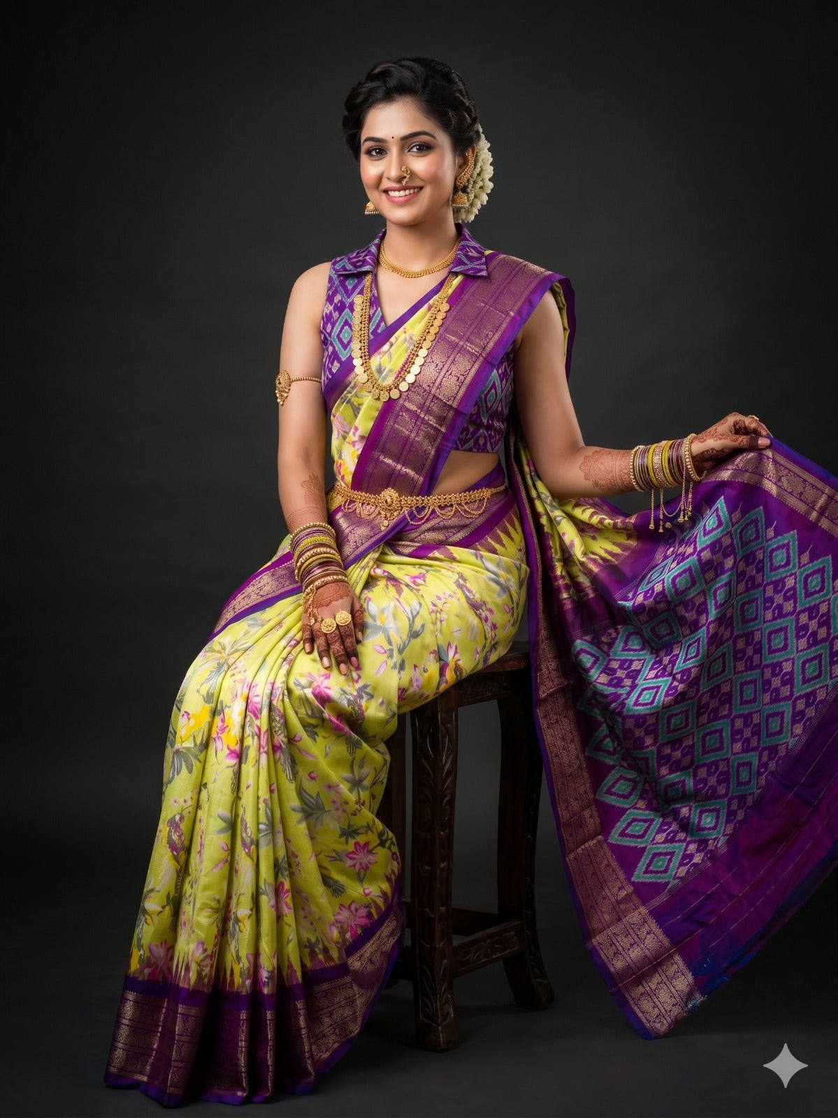 Ikkat Pochampally Handloom Pure Silk Digital Floral Printed Saree With Pallu & Designer Ikkat Blouse | Silk Mark Certified | DS130