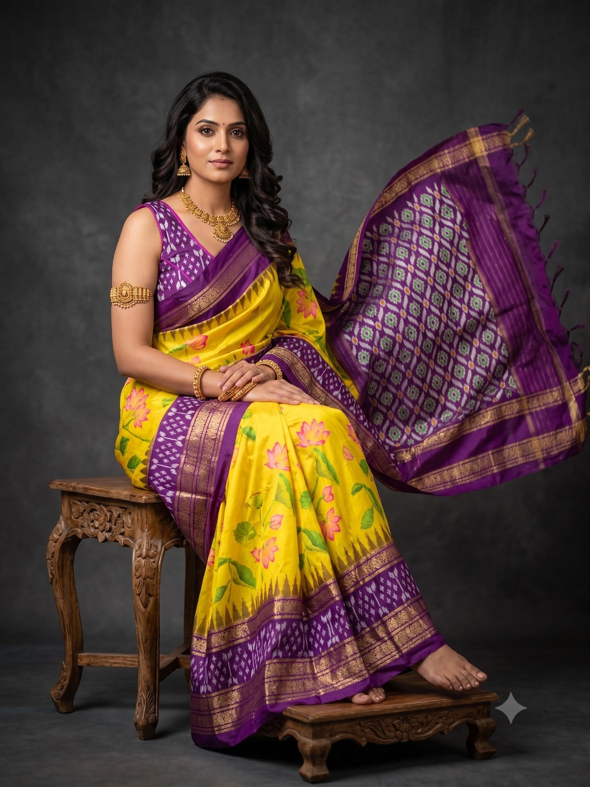Ikkat Pochampally Handloom Pure Silk Digital Floral Printed Saree With Pallu & Designer Ikkat Blouse | Silk Mark Certified | DS129