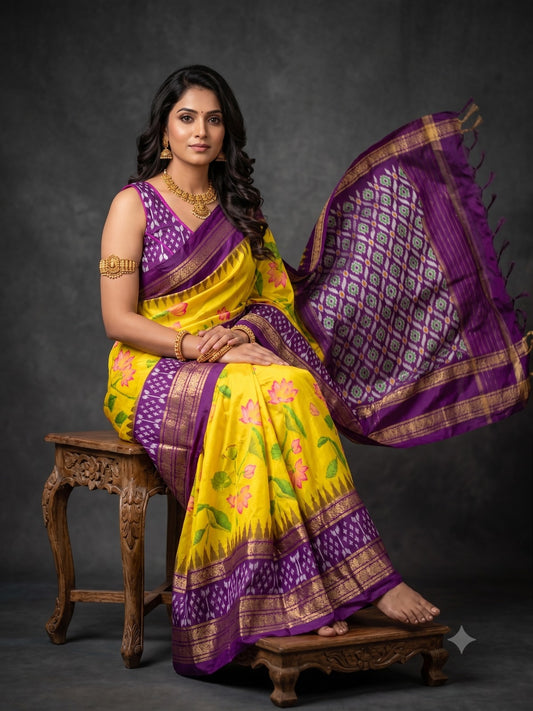Ikkat Pochampally Handloom Pure Silk Digital Floral Printed Saree With Pallu & Designer Ikkat Blouse | Silk Mark Certified | DS129