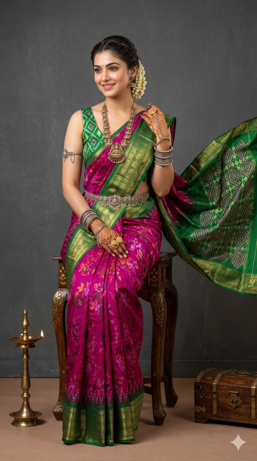 Ikkat Pochampally Handloom Pure Silk Digital Floral Printed Saree With Pallu & Designer Ikkat Blouse | Silk Mark Certified | DS132