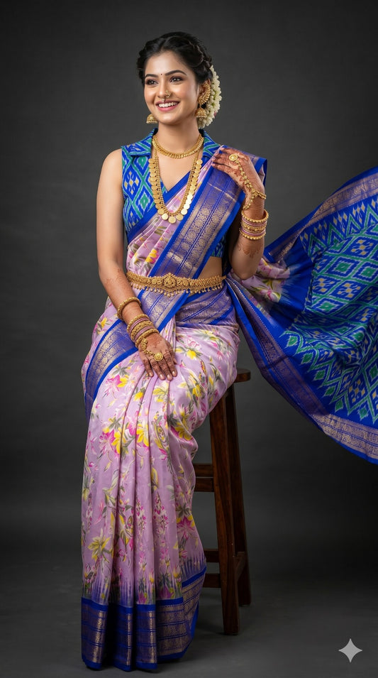 Ikkat Pochampally Handloom Pure Silk Digital Floral Printed Saree With Pallu & Designer Ikkat Blouse | Silk Mark Certified | DS133