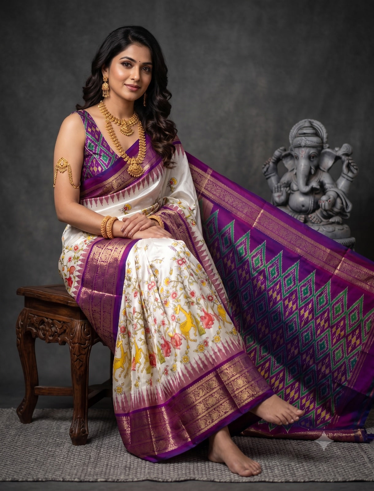 Ikkat Pochampally Handloom Pure Silk Digital Floral Printed Saree With Pallu & Designer Ikkat Blouse | Silk Mark Certified | DS119