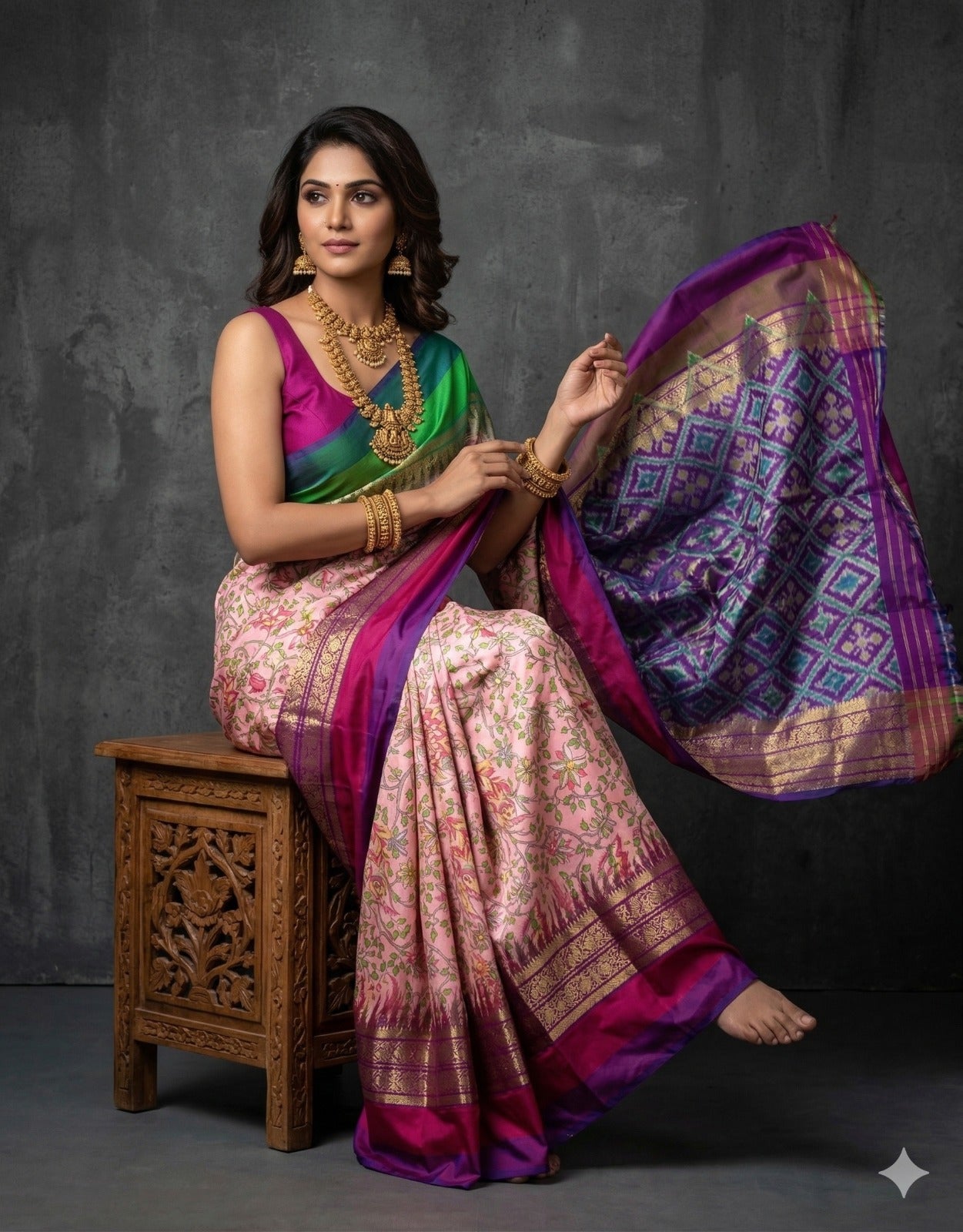 Ikkat Pochampally Handloom Pure Silk Digital Floral Printed Saree With Pallu & Designer Ikkat Blouse | Silk Mark Certified | DS115