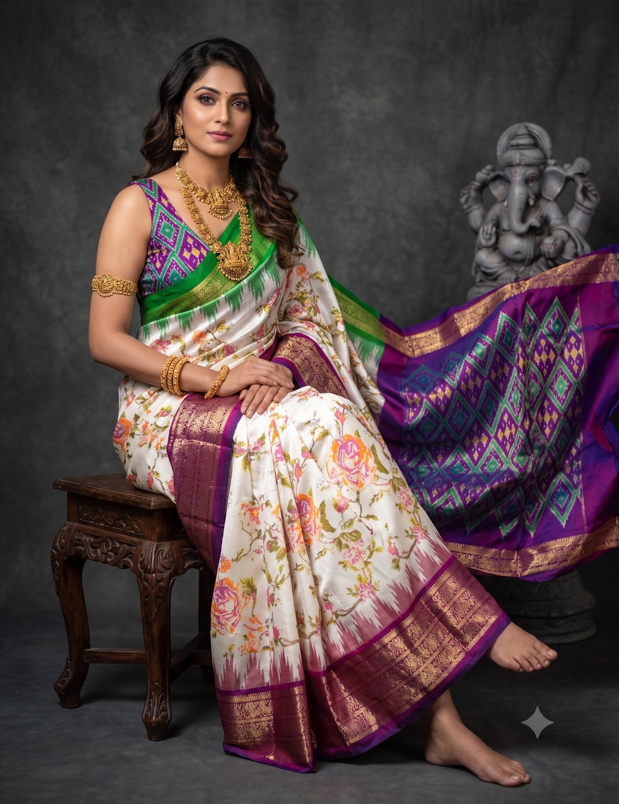 Ikkat Pochampally Handloom Pure Silk Digital Floral Printed Saree With Pallu & Designer Ikkat Blouse | Silk Mark Certified | DS113
