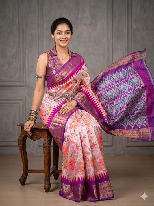 Ikkat Pochampally Handloom Pure Silk Digital Floral Printed Saree With Pallu & Designer Ikkat Blouse | Silk Mark Certified | DS117