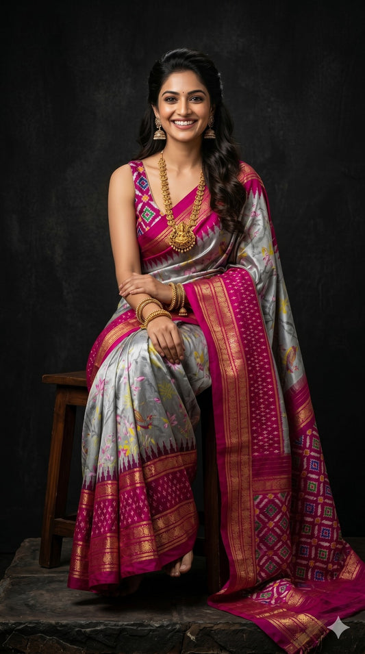 Ikkat Pochampally Handloom Pure Silk Digital Floral Printed Saree With Pallu & Designer Ikkat Blouse | Silk Mark Certified | DS126