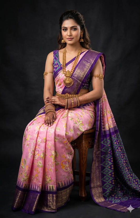 Ikkat Pochampally Handloom Pure Silk Digital Floral Printed Saree With Pallu & Designer Ikkat Blouse | Silk Mark Certified | DS125