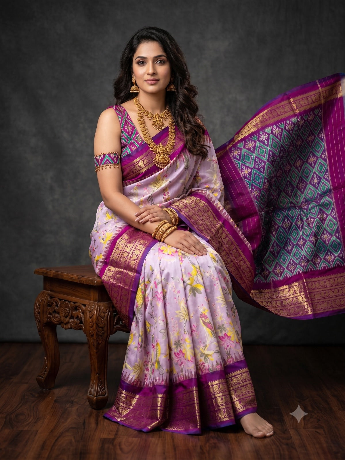 Ikkat Pochampally Handloom Pure Silk Digital Floral Printed Saree With Pallu & Designer Ikkat Blouse | Silk Mark Certified | DS106