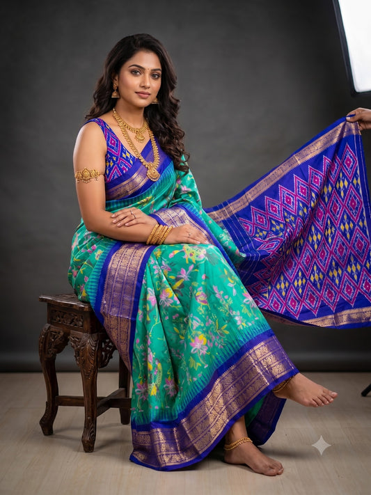 Ikkat Pochampally Handloom Pure Silk Digital Floral Printed Saree With Pallu & Designer Ikkat Blouse | Silk Mark Certified | DS114