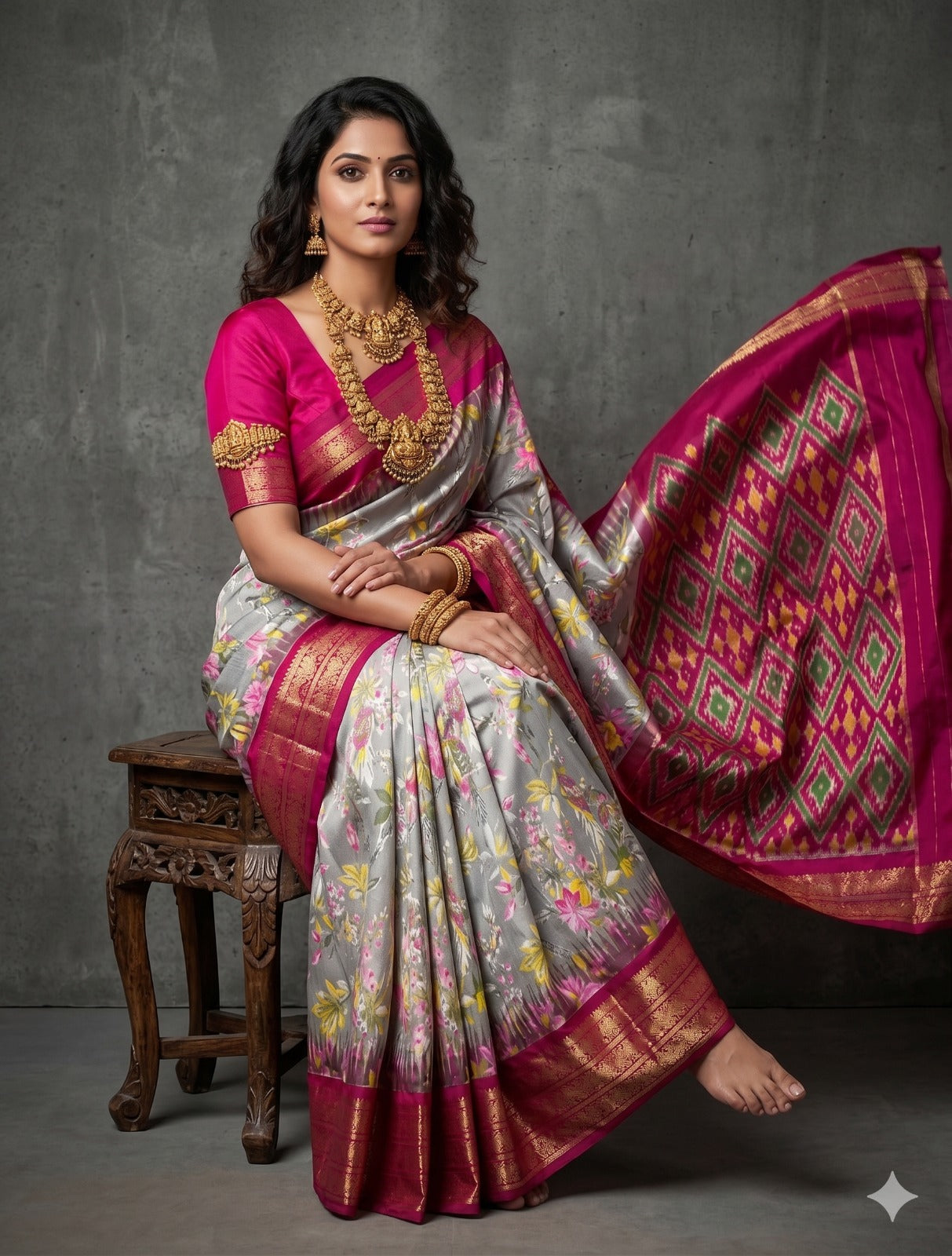 Ikkat Pochampally Handloom Pure Silk Digital Floral Printed Saree With Pallu & Designer Ikkat Blouse | Silk Mark Certified | DS101