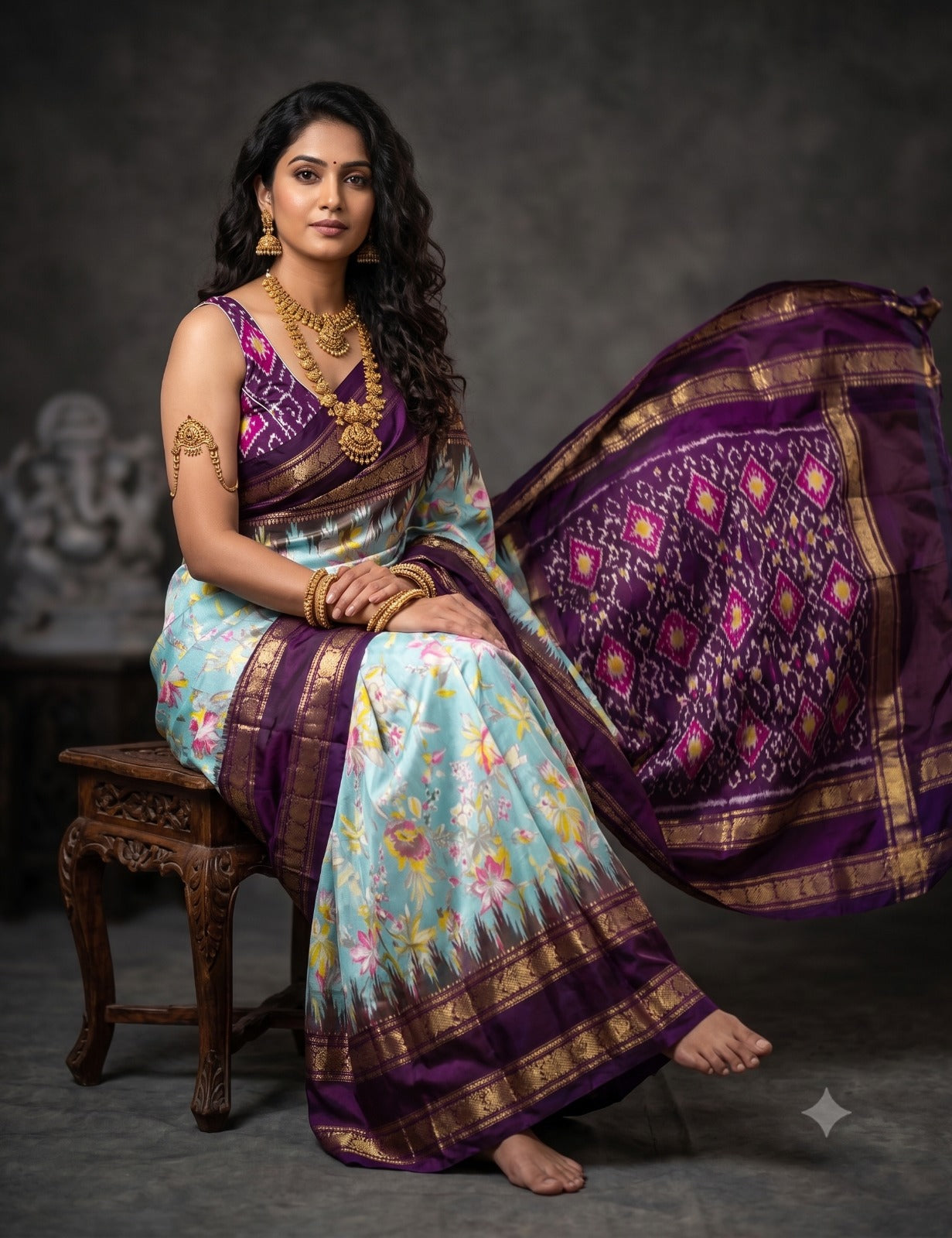 Ikkat Pochampally Handloom Pure Silk Digital Floral Printed Saree With Pallu & Designer Ikkat Blouse | Silk Mark Certified | DS110